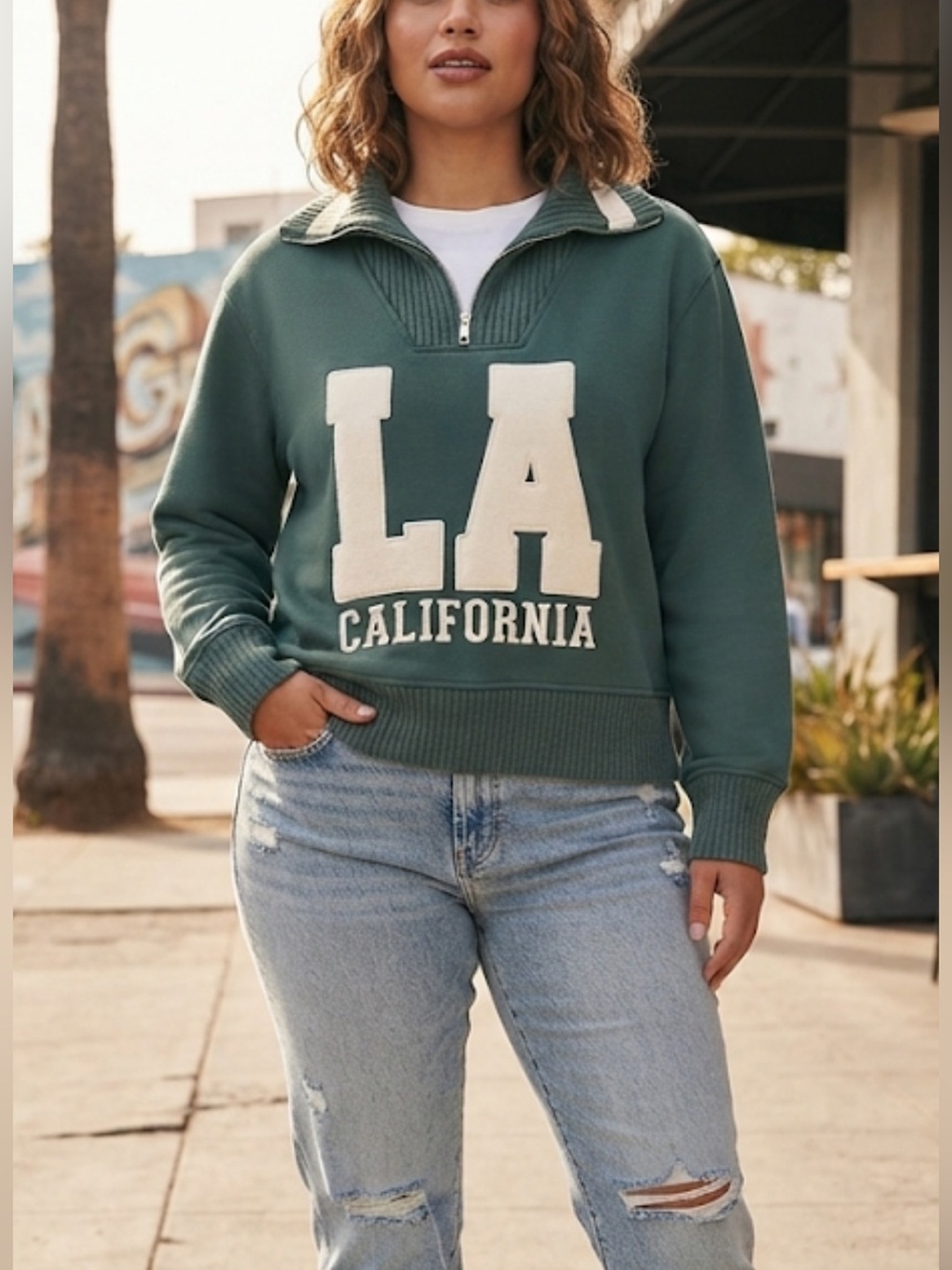 Zara Green Half‑Zip Turtleneck Sweater with Cream LA Appliqué. + A LITTLE GIFT 🎁